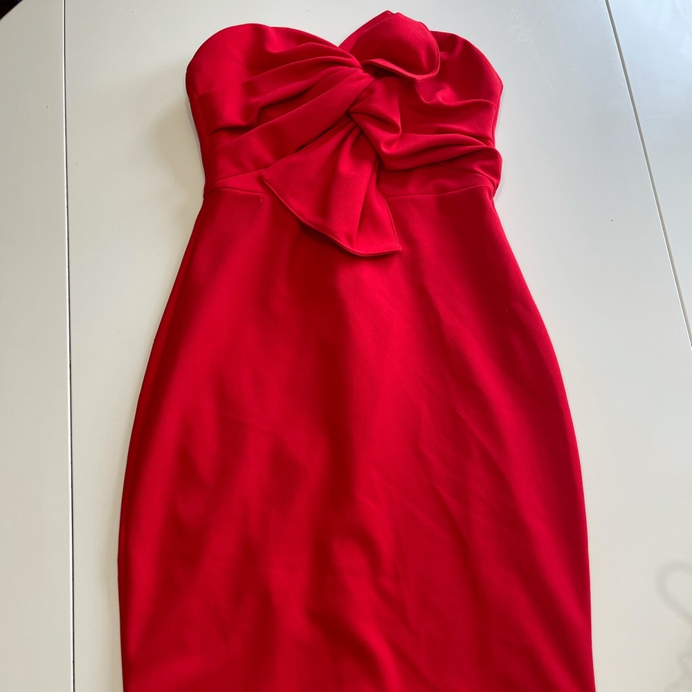 Sexy femme fatale bow front strapless red mini party cocktail dress